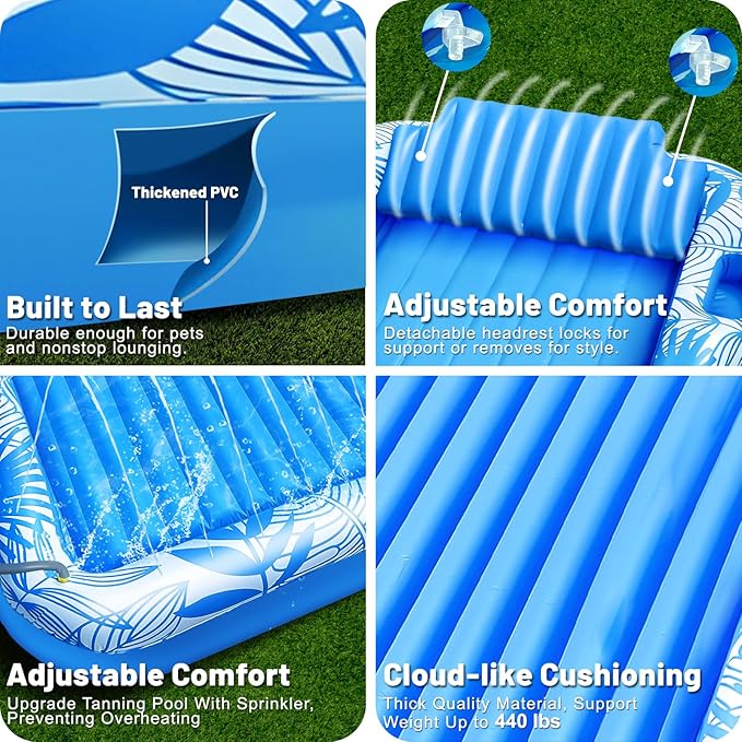 83" X 60" Inflatable Tanning Pool Lounger Float with Sprinkler, Extra Large Pool Float Adults with Pillow, 6 in 1 Suntan Tub Raft Floatie Toys with Drink Holder Sunbathing Water Filled Tanning Bed
