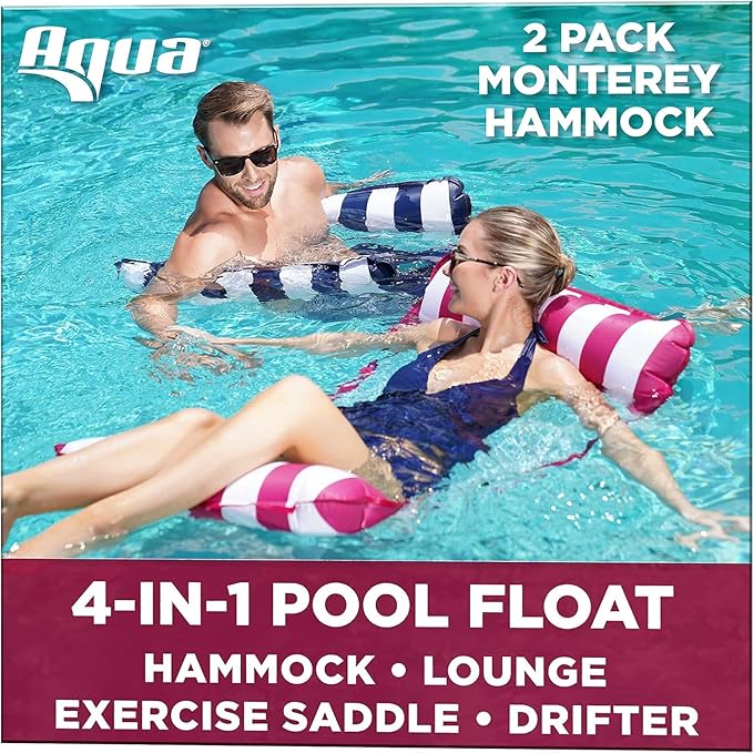 Aqua 4-in-1 Monterey Hammock Pool Float & Water Hammock, Multi-Purpose, Inflatable Pool Floats for Adults, Patented Thick, Non-Stick PVC Material, One Navy & One Burgundy/White Stripe, 2-Pack