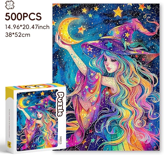 ROSE RAIN Premium 500 Pieces Jigsaw Puzzles for Adults with Letters on Back Dust-Free Thick HD Board Colorful Fantasy Witch Girl Moon Stars Art Mindfulness Educational Fun Gift