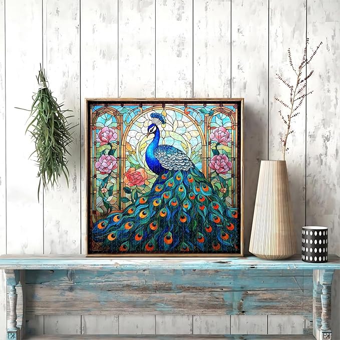 Stained Glass Peacock Puzzles for Adults 1000 Pieces, Vintage Bird Art Puzzle, Impossible Hard Challenging Jigsaw Puzzles for Adults, Colorful Peacock Garden Puzzle as Home Wall Decor