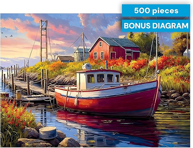 Buffalo Games - Old Boathouse 500 Piece Jigsaw Puzzle for Adults, Americana Boat Puzzle with Full-Color Poster, Premium Quality Made in the USA