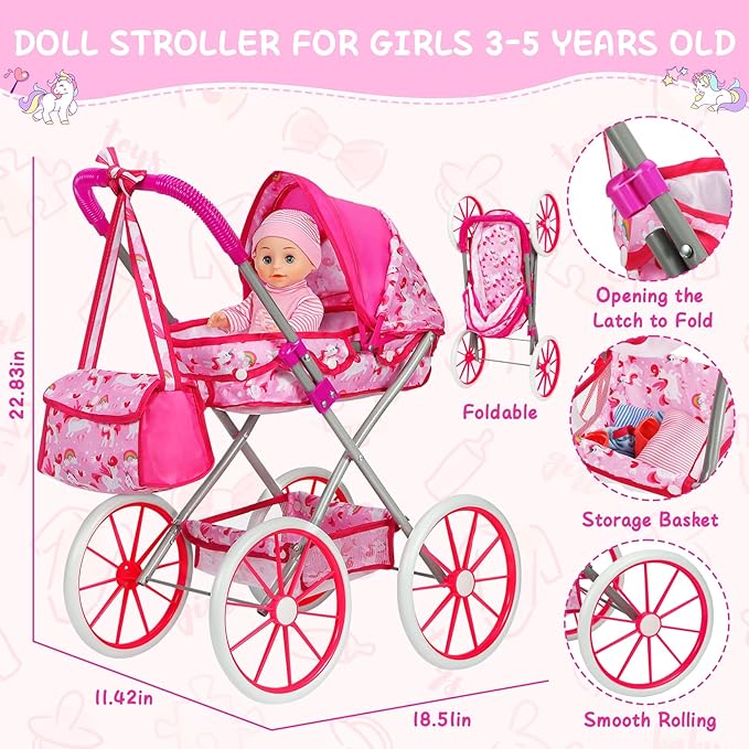 DRAMATION Unicorn Baby Doll Stroller Set with 11'' Baby Doll, Foldable Doll Stroller, Playpen, Dining Chair and 24 PCS Baby Doll Accessories, Doll Playset Toy for Girls Toddlers 3-5 4-6 Birthday Gifts