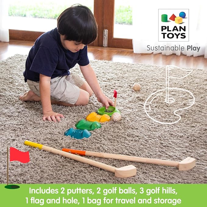 PlanToys® Mini Golf Set for Kids | Eco-Friendly Wooden Golf Game with 2 Putters, 2 Golf Balls, 3 Obstacles, Target Goal & Travel Bag | Perfect for Indoor & Outdoor Play