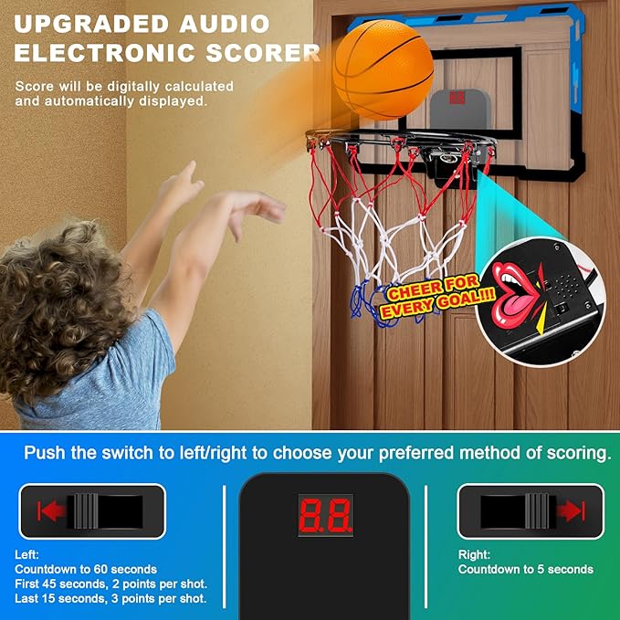 Basketball Hoop Indoor for Kids Adults with Scorer with 2 Scoring Methods, Door Room Basketball Mini Hoop with 3 Batteries and Balls, Basketball Accessories for Teen Boy Gifts, Blue