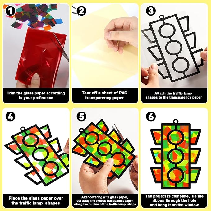 QOUBAI 32 Sets Traffic Light Suncatchers Craft Kit DIY Window Stained Glass Effect Traffic Lamp Paper Crafts Home School Classroom Decoration Kid Birthday Gift Creative Art Project Activity Game