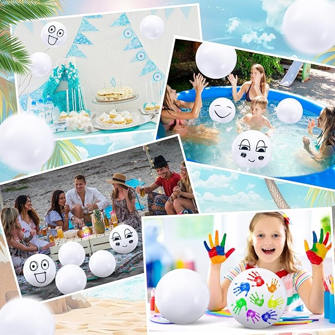 Sinmoe 12 Pieces Large gaint Inflatable White Beach Ball Bulk Solid Swimming Pool Floating Blow up Ball DIY Paint Craft for Boys Girls Hawaii Luau Birthday Beach Summer Party(16 Inch,White)