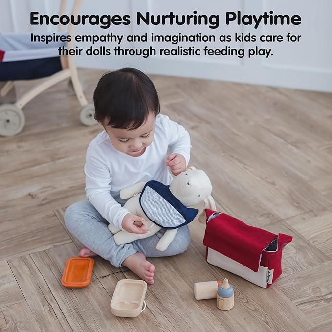 PlanToys® Baby Doll Feeding Set for Kids | Wooden Pretend Play Baby Care Accessories with Bag, Bottles, Bib, Spoon & Food Box | Montessori Toy for Toddlers | Eco-Friendly Doll Accessory Kit