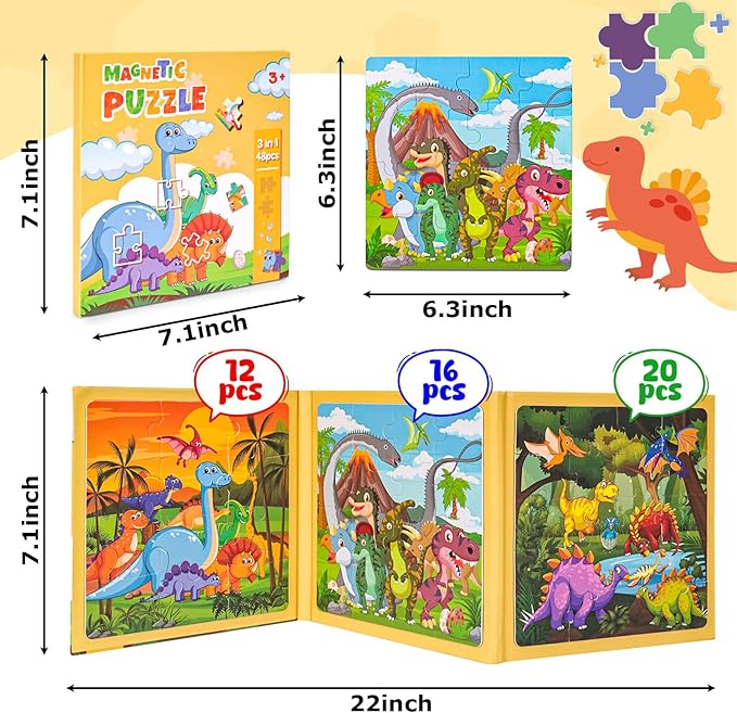 LovesTown Magnetic Puzzles Book for Toddlers, Educational Learning Toys, Dinosaur 48 Piece Travel Activity Set