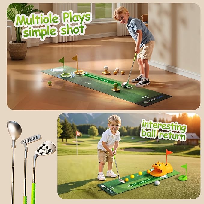 Putting Green Indoor with Toddlers Golf Clubs，Party Game with Automatic Golf Bounce Back Machine,Outdoor Training mats,Light up Balls,Gifts for 3 Year Old boy&Girl