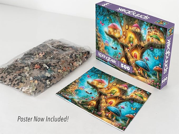 Springbok Gnome Treehouse Village 500 Piece Jigsaw Puzzle for Adults - Poster Now Included - Unique Cut Pieces - Made in USA