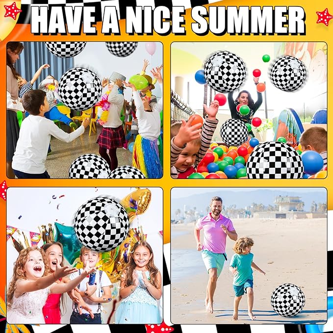 4 Pack Black and White Beach Balls 11.8" Checkered Flag Themed Inflatable Beach Ball Bulk Race Car Birthday Party Supplies for Summer Pool Party End of the Year Decoration Favor