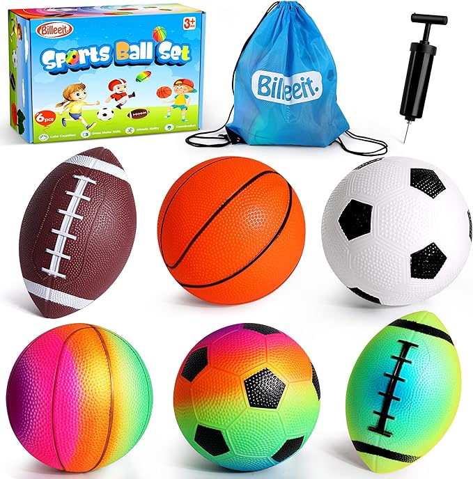 Small Sports Balls for Toddler Pack of 6, Ball Gift for Kids, 2 Each of 5" Football, Basketball, Soccer for Playground, Toy Balls Inflatable Multi-Sport Ball Set with 1 Pump