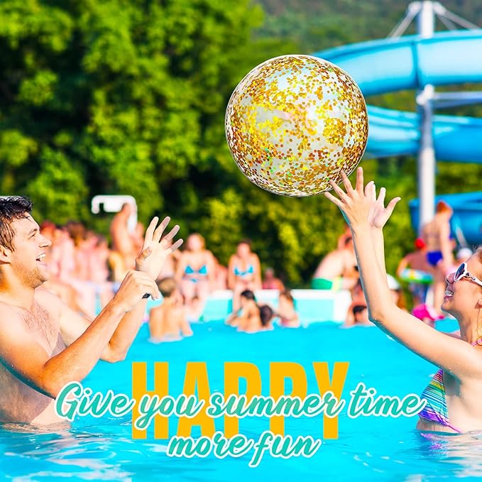 Lewtemi 12 Pcs Inflatable Glitter Beach Balls 16 Inch 24 Inch Shiny Giant Confetti Balls Swimming Pool Beach Blow up Balloon for Outdoor Summer Party Wedding Decor(Gold)