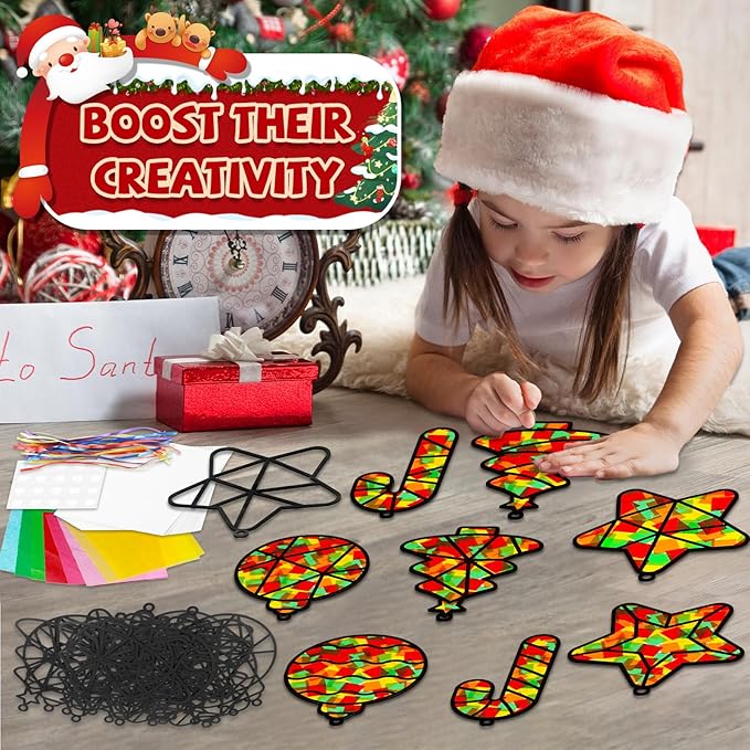 QOUBAI 32 Sets Christmas Theme Suncatchers Craft Kit DIY Window Stained Glass Effect Christmas Theme Paper Crafts Home School Classroom Decoration Kid Birthday Gift Creative Art Project Activity Game