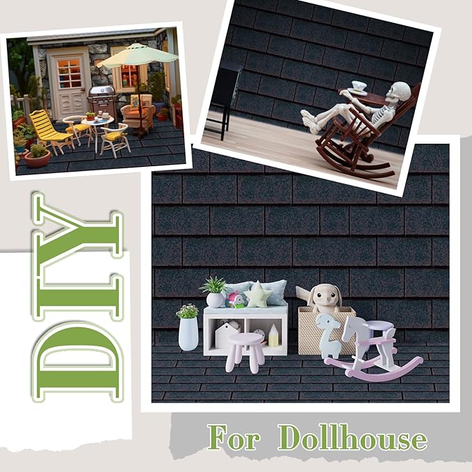 Flutesan 12 Pcs Miniature Dollhouse Wallpaper and Flooring Peel and Stick Mini DIY Self Adhesive Dollhouse Accessories 8.27 x 11.69 Inch (Roof Shingles Black Rectangular)