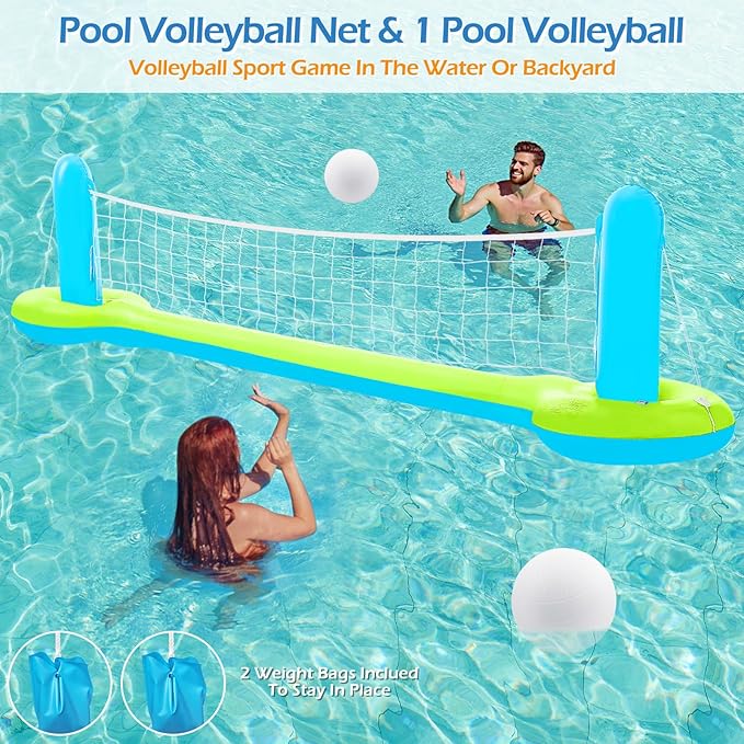 Jasonwell Pool Toys Games Set - 3 in 1 Pool Volleyball Net Basketball Hoop Ring Toss Game Inflatable Floats Water Floating Volleyball Swimming Pools Games Party Gift for Kids Adults (Green&Blue, L)