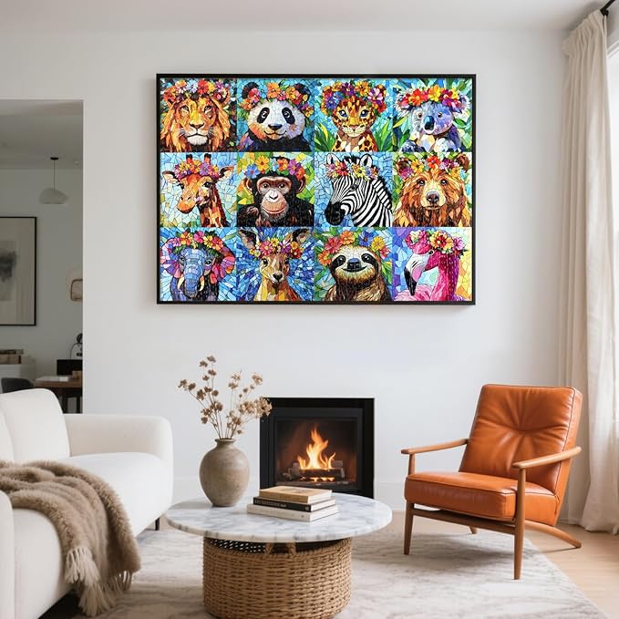 1000 Piece Puzzles for Adults - Colorful Mosaic Wildlife Jigsaw Puzzle, Jungle Animals with Flowers Design Perfect for Family Game Nights