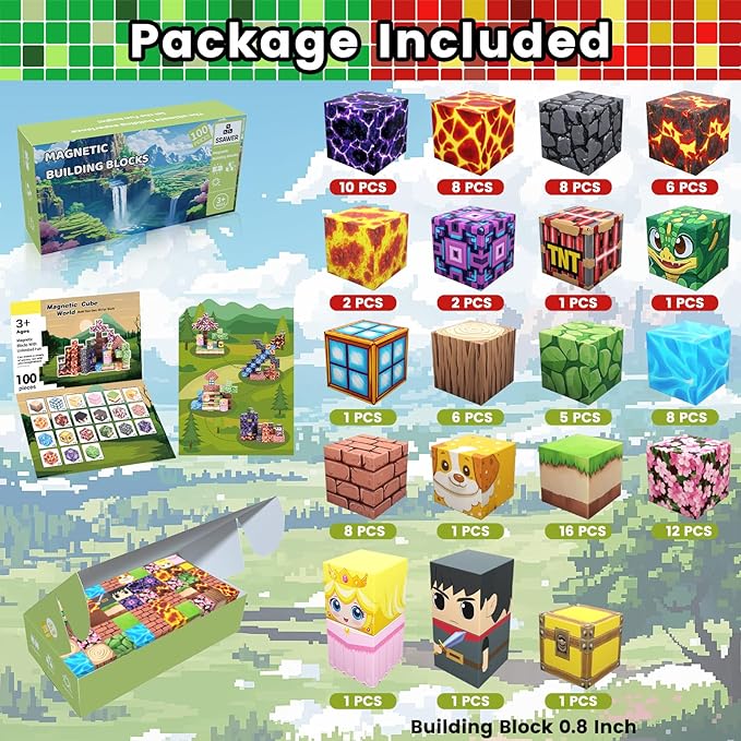 Magnetic Blocks, 100PCS Magnetic Tiles Building Blocks, Magnet Cubes STEM Sensory Game Toys Christmas Birthday Gifts for Kids Boys Girls Age 3+ (Forest Sword)