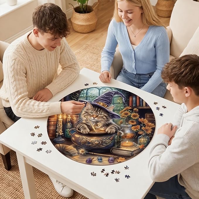 1000 Piece Puzzle for Adult, Magic Feline Art Jigsaw Puzzle 1000 Pieces, Impossible Challenging Fun Puzzle for Adult, Round 26.6 x 26.6 Inch Unique Difficulty Puzzle for Birthday Gift