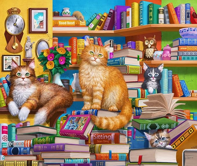 Springbok's Bookshop Cats 1000 Piece Puzzle for Adults Featuring Furry Felines Perched on The Bookshelf. Cat Lovers Will Enjoy This Masterpiece.