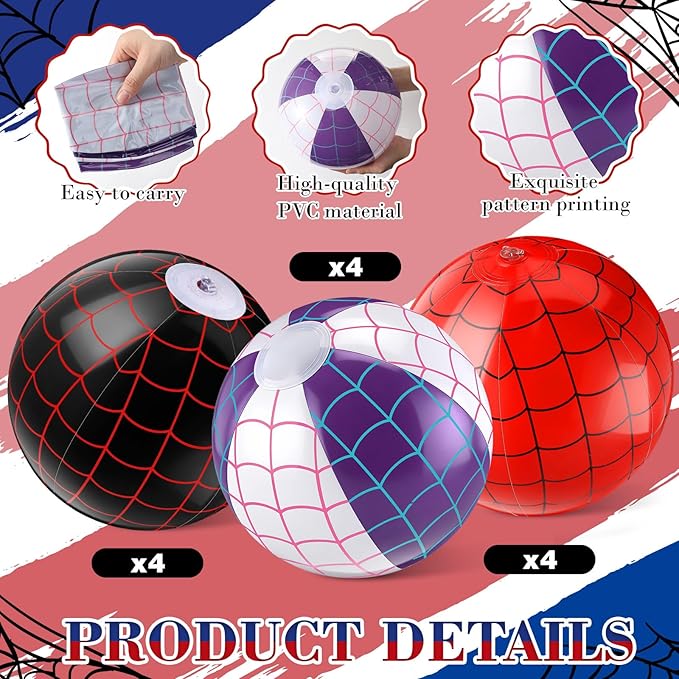 12 Pack Spider Theme Beach Ball 7.87" Bulk for Summer Pool and Beach Game Gifts and Birthday Party Supplies Decorations Favor