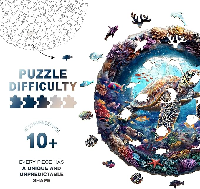 Wooden Puzzles for Adults, 3D Vision Turtle Wooden Jigsaw Puzzles with Unique Shape, Adult Jigsaw Puzzle, Birthday Gifts for Adults, 8.5"x8.5"-100pcs