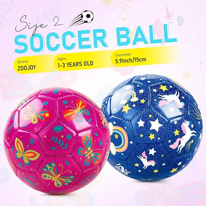 ZOOJOY Soccer Ball Size 2, 2 Pack Cartoon Ball with Pump Mesh Bag, Butterfly & Unicorn Toddler Girl Toys for 1 2 3 4 5 6 Years Old, Perfect Sensory Toys for Girls Boys Indoor Outdoor Play Balls Gifts