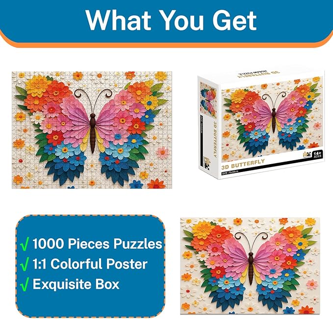 1000 Pieces Jigsaw Puzzles for Adults, Butterfly Jigsaw Puzzles 1000 Piece with Letters on Back, Butterfly Puzzle for Adults - Finished Size is 19.7"x27.6"