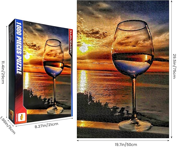 najiaxiaowu Adult Puzzles 500 Pieces DIY Sunset Sea Wine Glass Wooden Puzzles Teens and Elderly Puzzles Modern Home Decor Wall Art Unique Gift 52 cm x 38 cm(20.5 x 15 in)