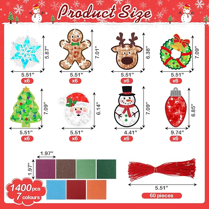 24 Sets Paper Crafts Kit with Colored Tissue Paper Sticker Tools Hanging Ornaments Suncatcher for Window Classroom Activity(48 Sets,Christmas)