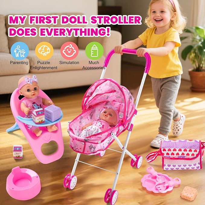Baby Doll Stroller Play Set with 12.5" Baby Dolls, 28 Pcs Pretend Role Play Doll Accessories Including Crib, Dining Chair, Doll Clothes, Sunglass, Handbag for Girls Toddlers 3-5 4-6 5-7