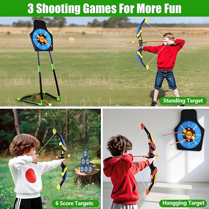 2 Pack Bow and Arrow Toy : Sports Toys for 5 6 7 8 9 10 11 12 Year Old Boys | with 24 Suction Cup Arrows, 1 Standing Target, 6 Score Targets & 2 Quiver | Indoor Outdoor Sport Gifts for Ages 4-8 8-12