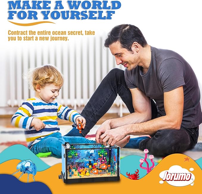 Jorumo Fish Tank Building Block, Lighting Aquarium Building Sets for Adults and Kids Including Ocean Jellyfish, Dolphin, Turtle, Crab, Animal Building Toys for Boys Age 12+, 725pcs