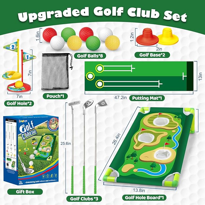 Letapapa Toddler Golf Set, Golf Clubs Length Adjustable with Mat & Golf Cornhole, Upgraded Kids Golf Clubs with 8 Balls, Indoor & Outdoor Sports Toys Birthday Gifts for 3 4 5 6 Years Old Boys Girls