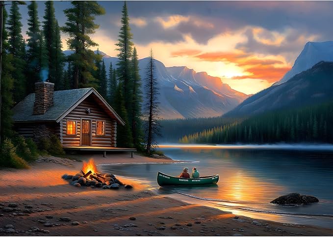 Blueforest Mountain Lake 500 Piece Puzzle for Adults - Log Cabin Panoramic Therapy Jigsaw Puzzle, Challenging Forest Landscape Framable Art Gift (23"x15") - Recycled Material