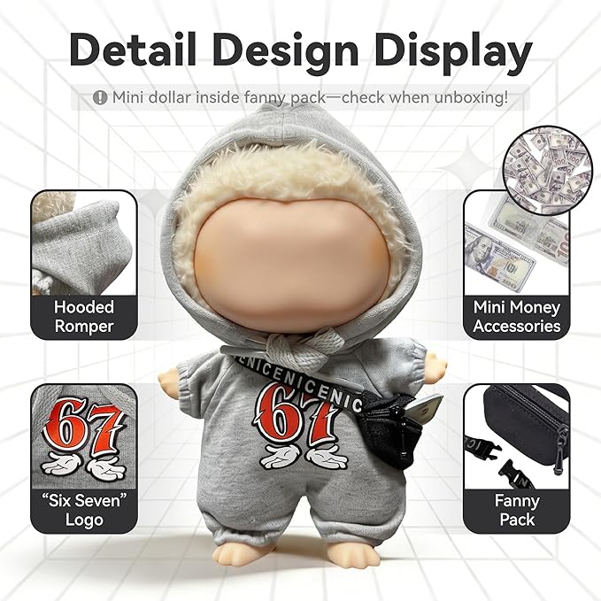 Street Style for LABUBU Clothes or LABUBU Outfits, 6-7 Graphic Hooded Romper with Fanny Pack,Streetwear Clothes for Collectible Dolls,Street Style Hoodie Outfit