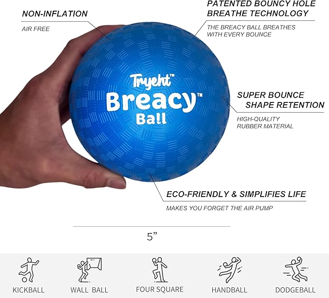 Self Inflating Ball 5", Rubber New Feel Breacy Ball, Hi Bouncy, Never Need Pump, Neon Blue, Playground Balls, Handball, Dodgeballs, Picnic and School Play in and Outdoor