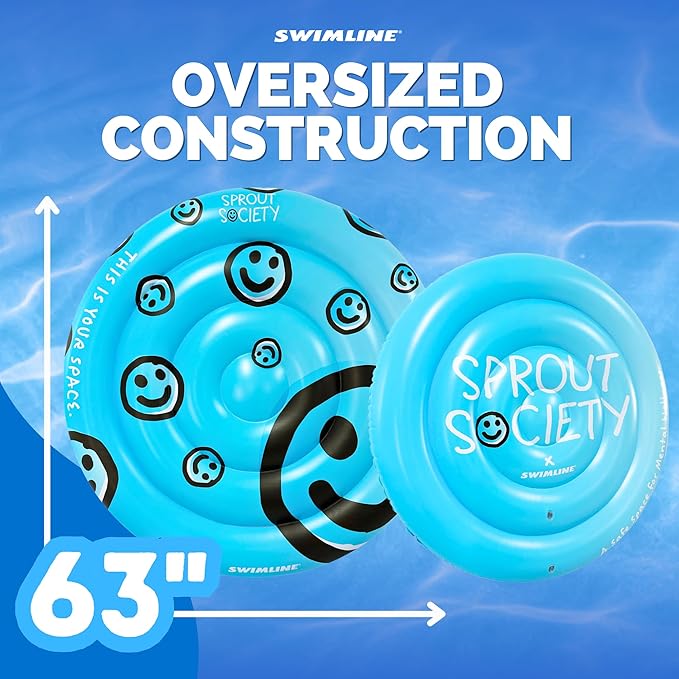 SWIMLINE Original 90510 Sprout Society Smiley Island Pool Float for Adults Kids 63 Inch Inflatable Floating Lounger Mat for Pool Lake Ocean | Mental Health Org Collaboration Float for A Good Cause