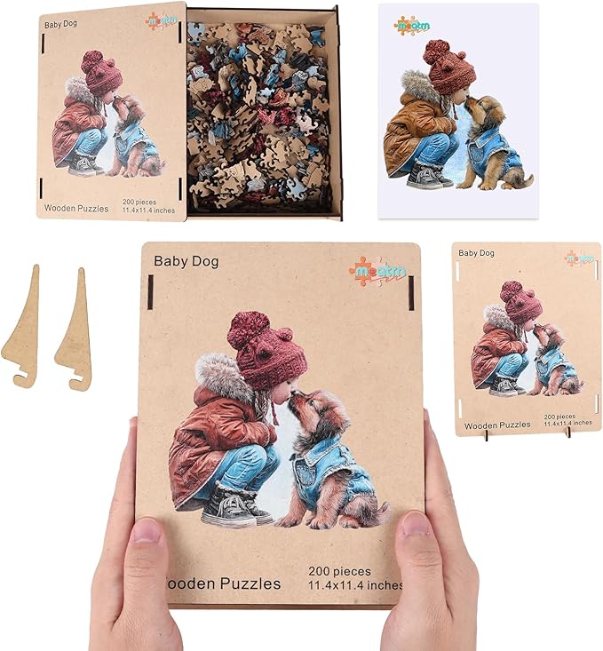 MEATRN Wooden Puzzles for Adults - Little Girl Kissing Puppy, 216 Pcs, 11.4x11.4 in, Cute Animal Wood Jigsaw Puzzle, Heartwarming Parent-Child Game, Birthday Gift for Kids Home Décor