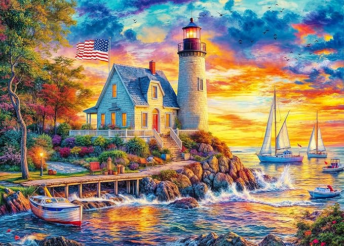 HUADADA 1000 Piece Puzzles for Adults - Sunset Lighthouse - Jigsaw Puzzles for Adults 1000 Piece Educational Games Colorful Puzzles for Home Decoration