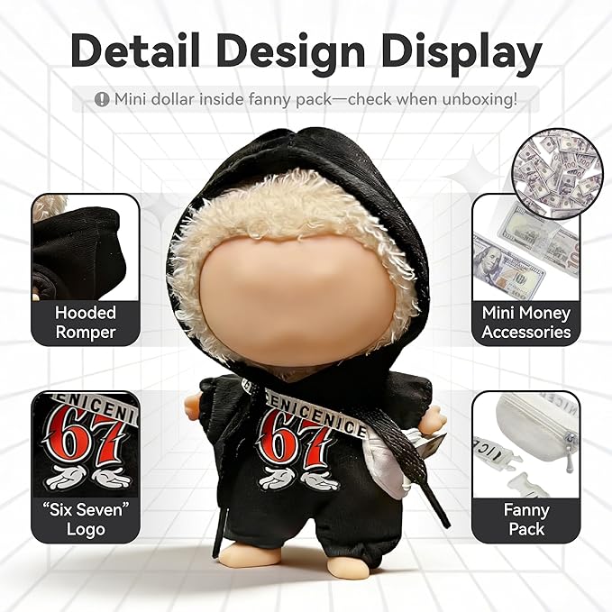 Street Style for LABUBU Clothes or LABUBU Outfits, 6-7 Graphic Hooded Romper with Fanny Pack,Streetwear Clothes for Collectible Dolls,Street Style Hoodie Outfit