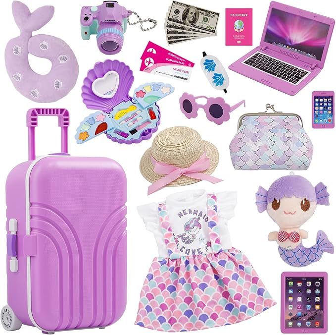 Srua Don 18 Inch Doll Suitcase Travel Luggage Play Set, Mermaid Theme Travel Carrier Storage Accessories for 18inch Doll, Include Case, Clothes, Hat, Sunglasses, Camera, Pillow, Toy Pet