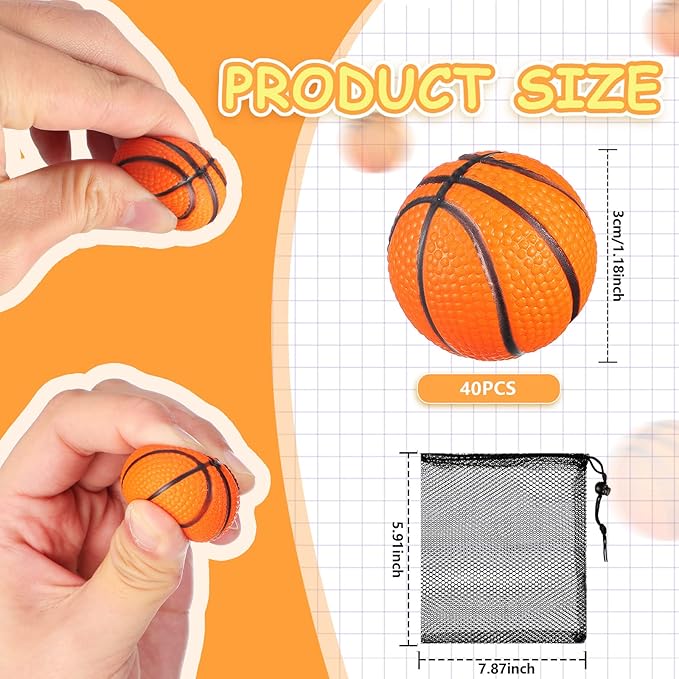 Civaner 40 Pcs Mini Basketball Tiny Rubber Basketballs Small Foam Ball with Drawstring Mesh Bag Crafts Gifts for Kids Adults Party Favors Beach Pool Sports Game(1.18 Inch)