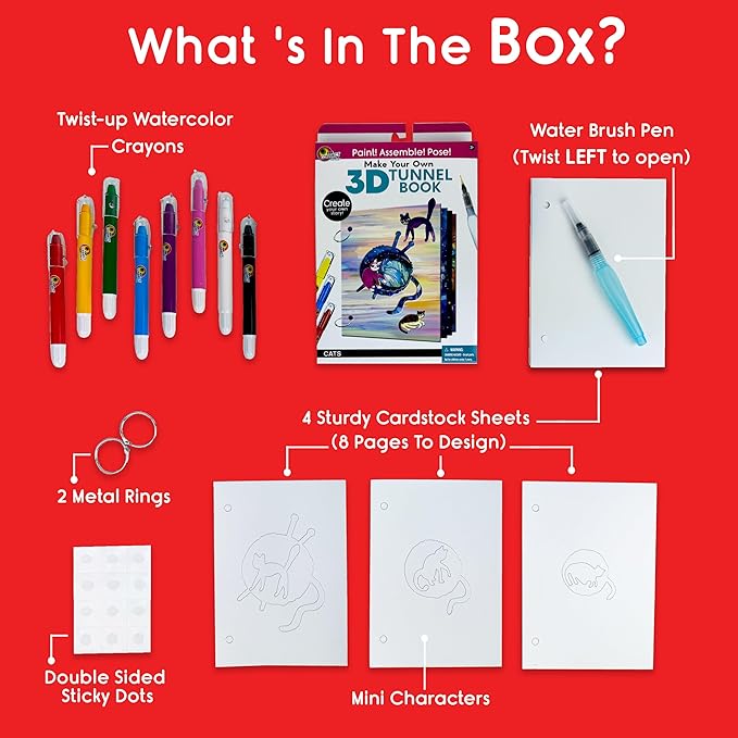 EyeConnect Crafts Make Your OWN 3D Tunnel Book - Cats | Medium Size DIY Book Art & Craft Kit | Build, Paint & Draw Your Own Book with Mini Animals | Award-Winning STEAM Stationary Set | Ages 3+