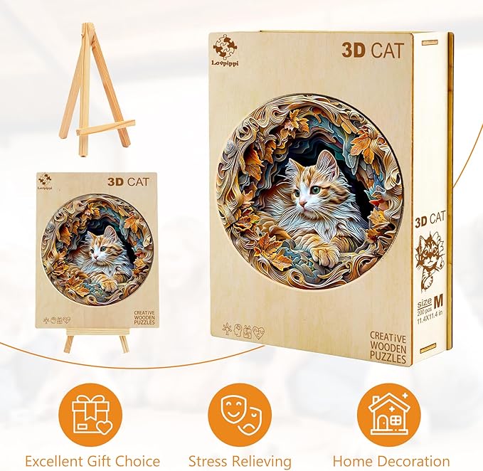 Wooden Puzzles for Adults, 3D Vision Effect-3D Cat Wood Puzzles Adult, Unique Shaped Wooden Jigsaw Puzzles, Creative Birthday Gifts for Friends/Family/Puzzle Lovers, Home Decor(L-13.4 * 13.4in 300pcs)