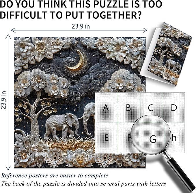 Elephants 1000 Piece Puzzle for Adults, PICKFORU Plant Floral Jigsaw Puzzles Night Sky, Hard Difficult Vintage Animals Theme as House Decor