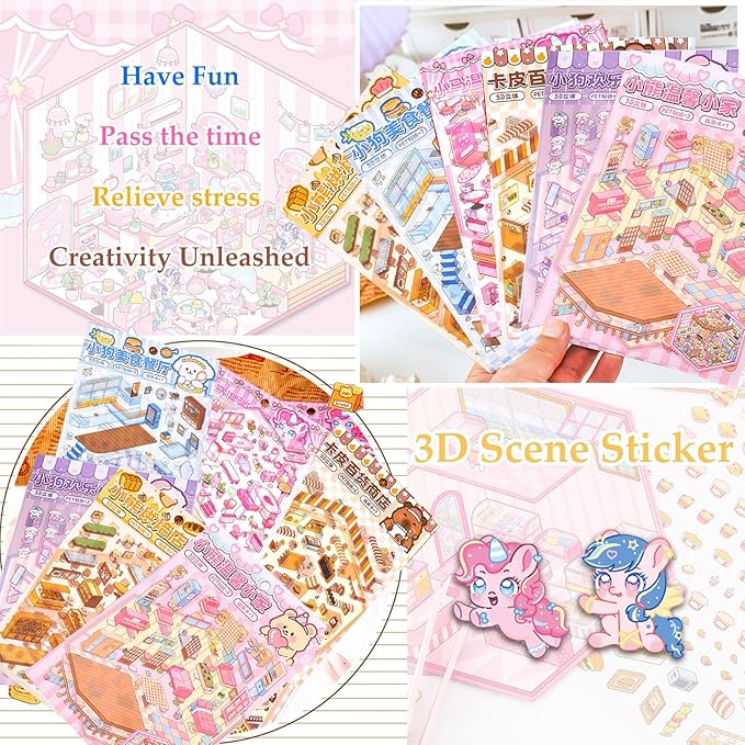 DIY 3D Sticker Scene, 6 Sets of Cute Miniature Isometric Stickers for Kids Adult Therapy Scenes Sticker Reuseable and Waterproof Stickers for Girl, Holiday & Christmas Fun