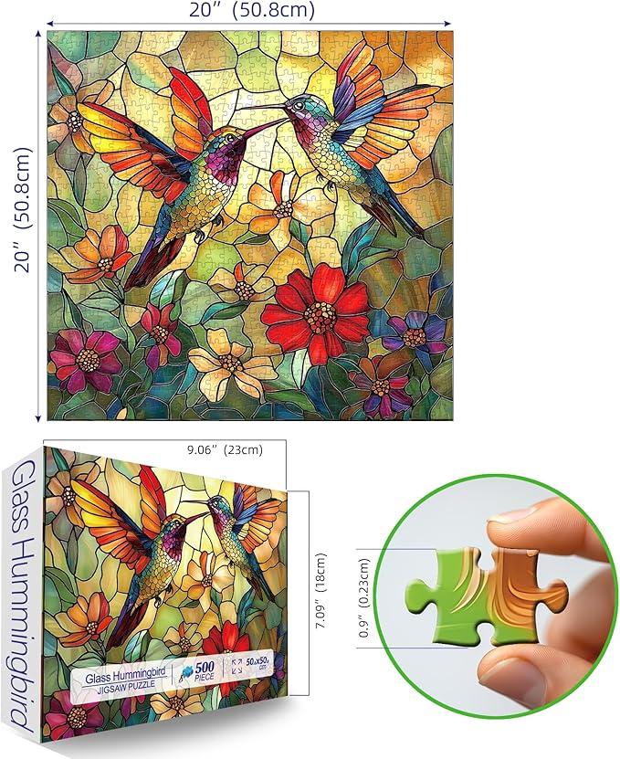 Vintage Paint Hummingbird Flower 500 Piece Puzzles for Adults, Easy Large Piece Puzzle for Seniors, Challenge Art Jigsaw Puzzles, for Gifts Party Games Family, 20x20 Inch Dust Free