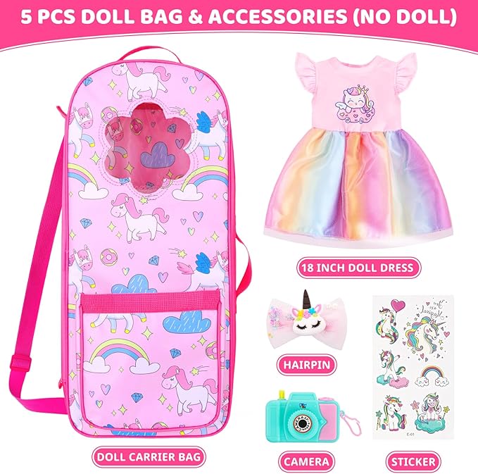 18 Inch Doll Storage Bag - 5PCS Unicorn Theme 18In Doll Accessories Set with Rainbow Dress, Hair Clip, Camera, Stickers & Fashion 18 Inch Dolls Carrier Bag | Perfect for 18" Dolls