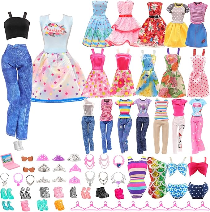 ENOCHT 51 PCS Doll Clothes and Accessories Including Fashion Dresses, Tops and Pants Outfits, Party Dresses, Swimsuits Bikini 38 PCS Shoes Hangers and Other Accessories for 11.5 inch Dolls